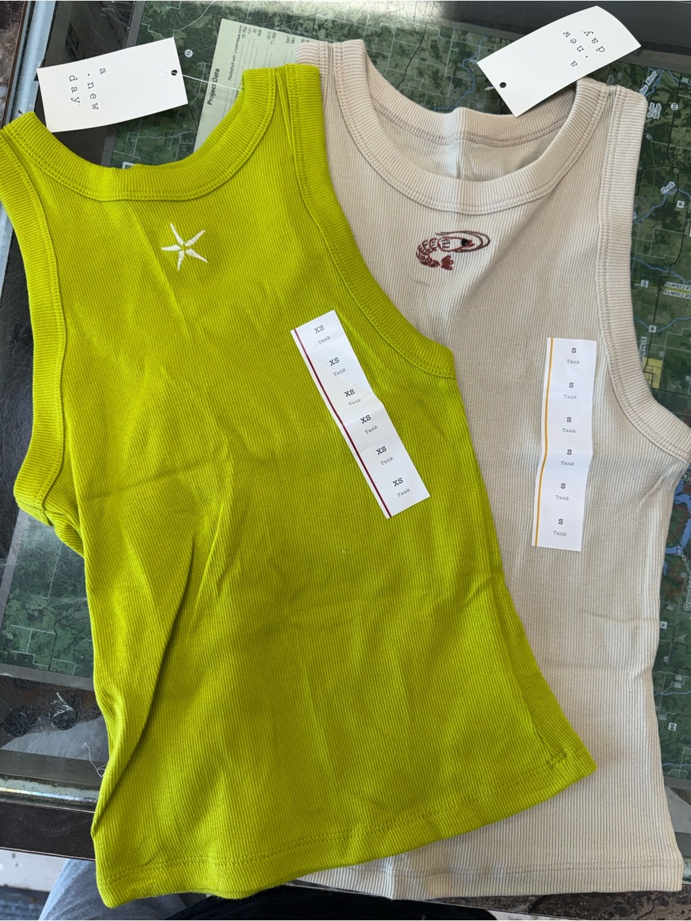 a new day Lime Green & Beige Ribbed Tank Tops - Star & Wreath Embroidery